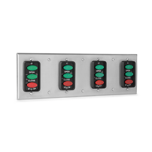 A stainless-steel 7 gang wall plate with four buttons, each having green and red labels, and black and gray accents.