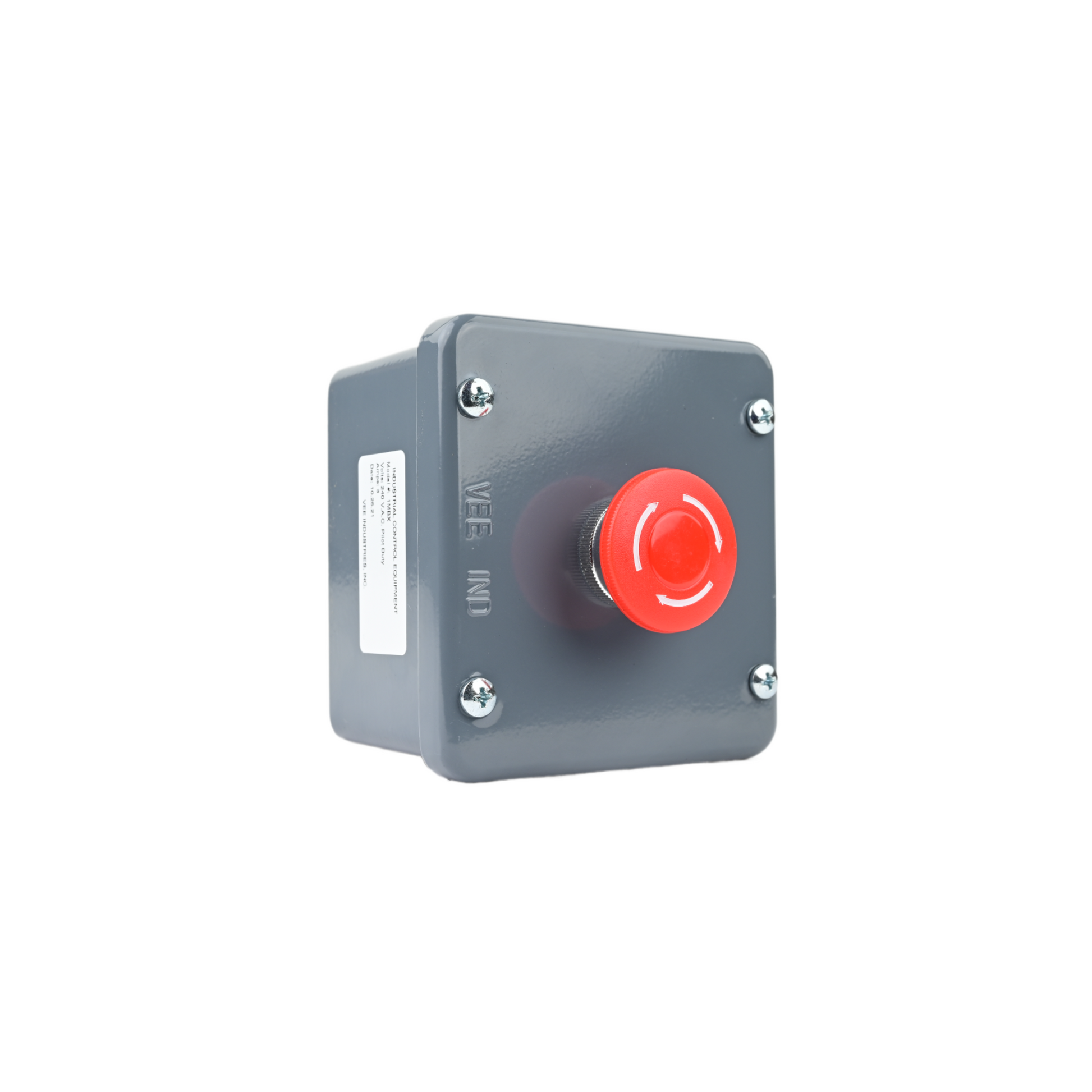 A large red latching mushroom button in a heavy-duty metal housing used for emergency situations. Part Number: MES-1