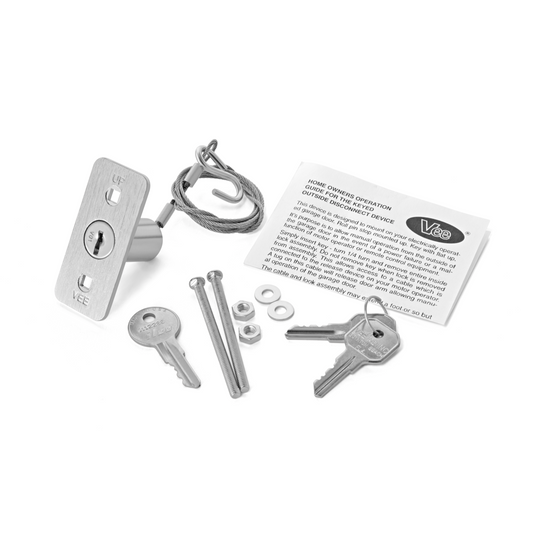 A mechanical disconnect/release device with cables, mounting hardware, and keys, designed for external operation typically used for garage doors. Available with a master key. Part Number: DM-2