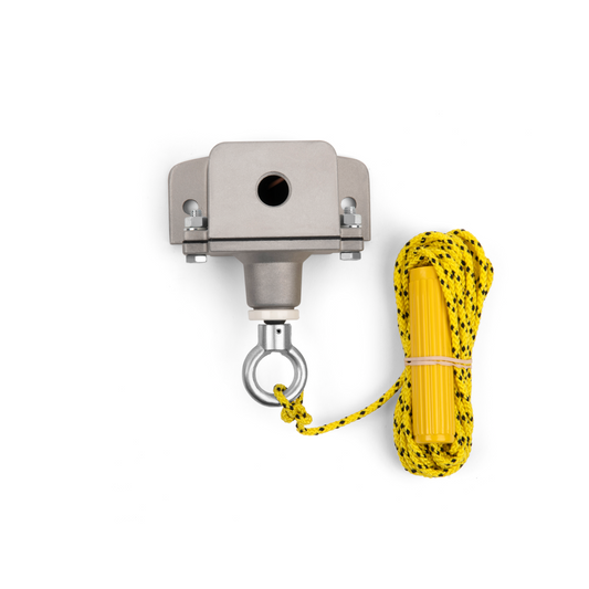 Industrial control pull switch with an eye hook and a yellow cord attached to it, against a white background. Part Number: WP-1